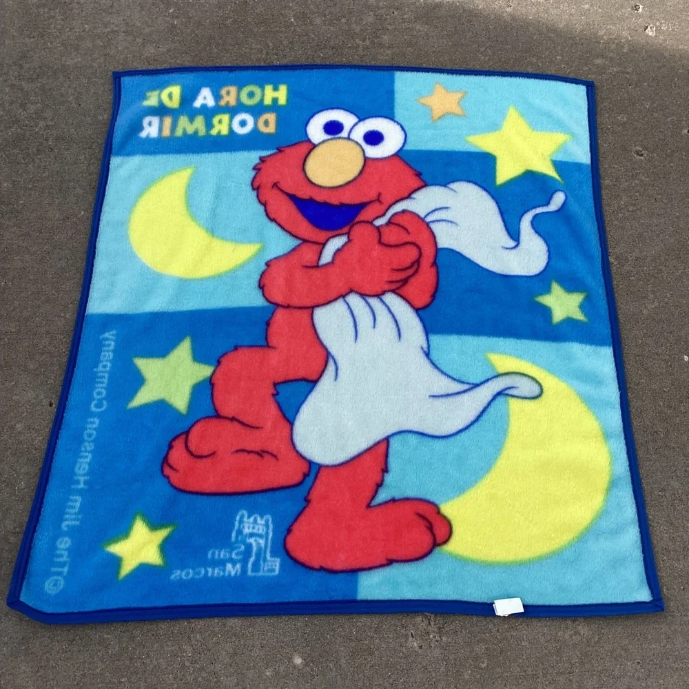 Vtg HTF San Marcos Elmo Plaza Sesamo Baby Blanket Hora De Dormir Blue 1999 Flaw